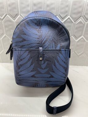 Furla Uomo Made Italy Leather Crossbody Sling Backpack Blue Palm Print Bag